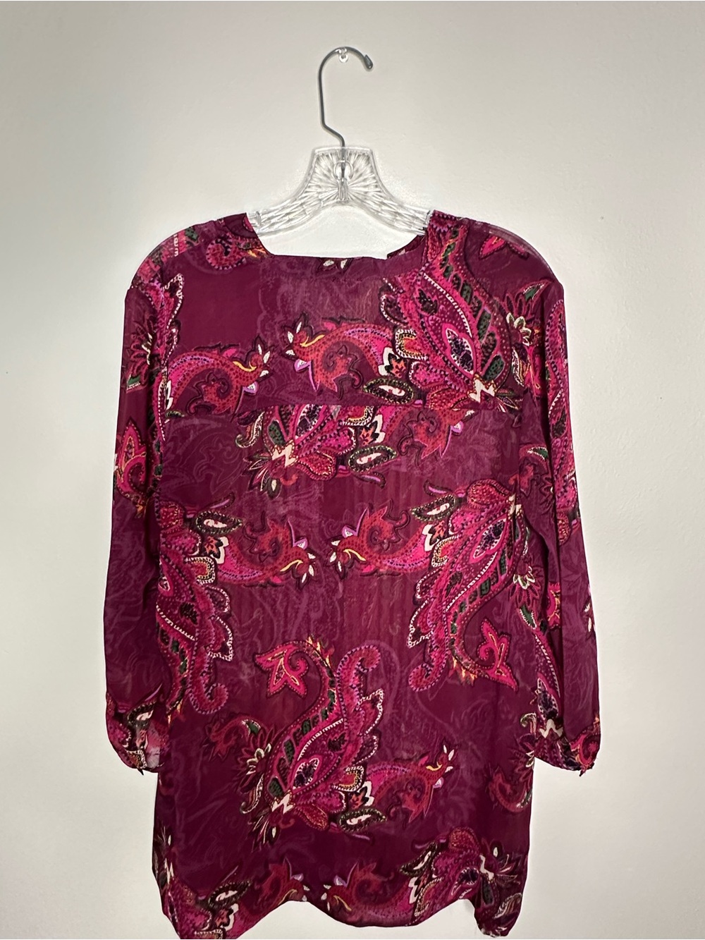 Charter Club 1x button front, 3/4 sleeves with front bodice petite tucks.